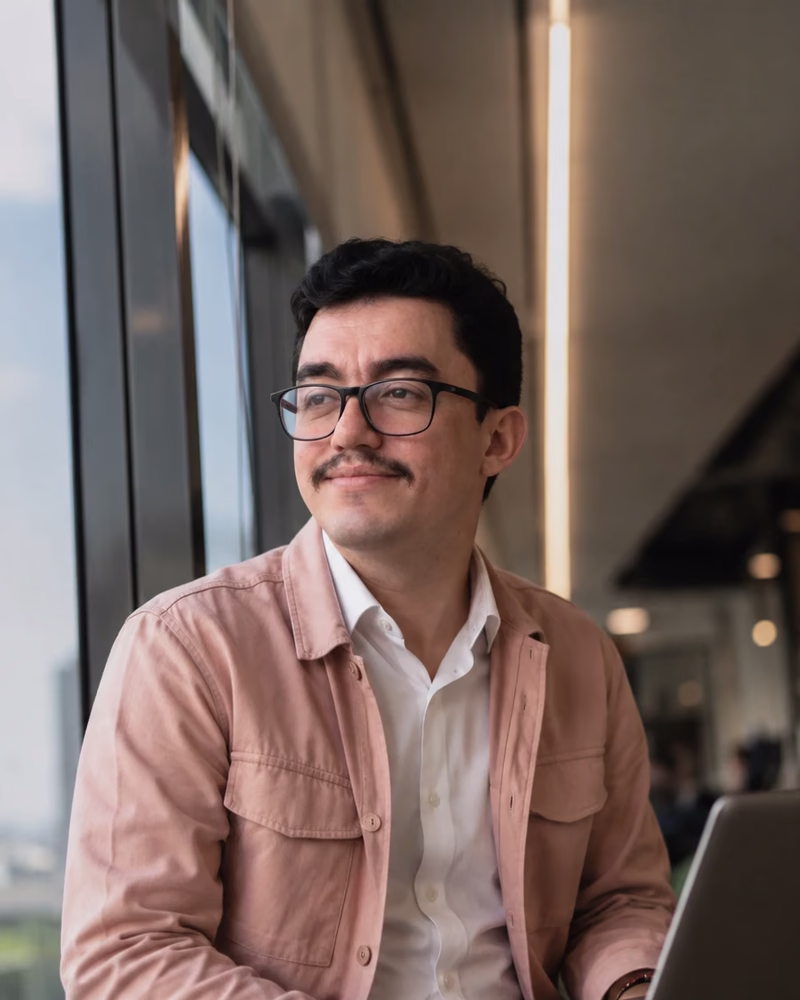 Carlos smiling by a window with a laptop