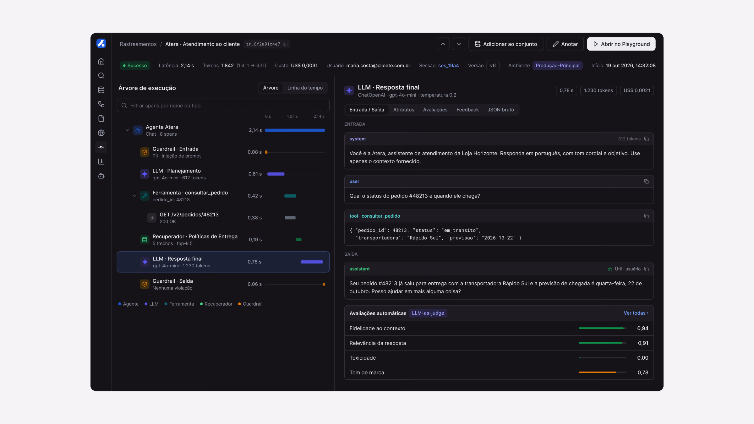 Um trace reproduzido span por span no modo escuro