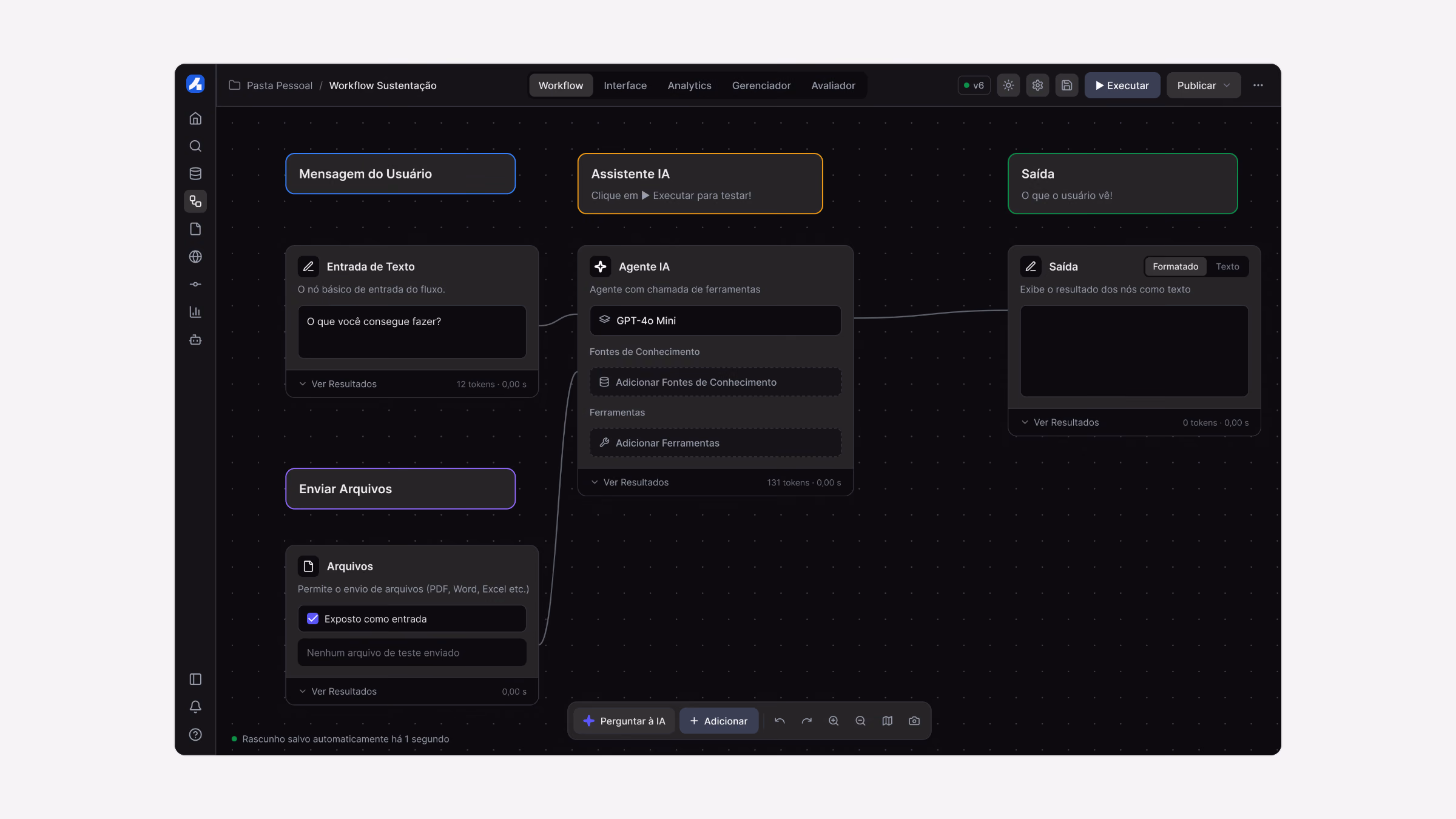 O editor de workflows no modo escuro