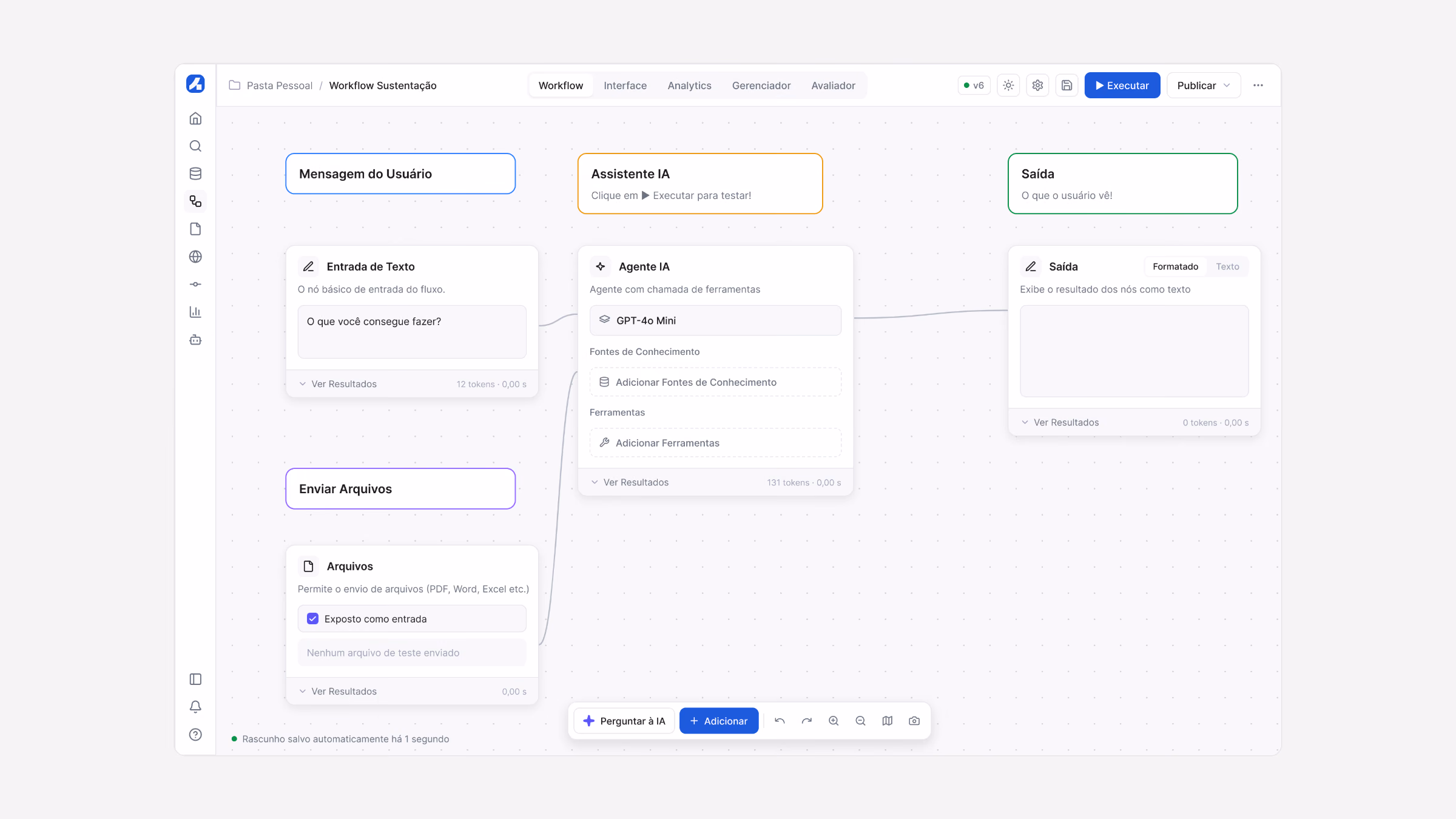 O editor de workflows do Agent OS: nós de mensagem do usuário, assistente de IA e saída em um canvas