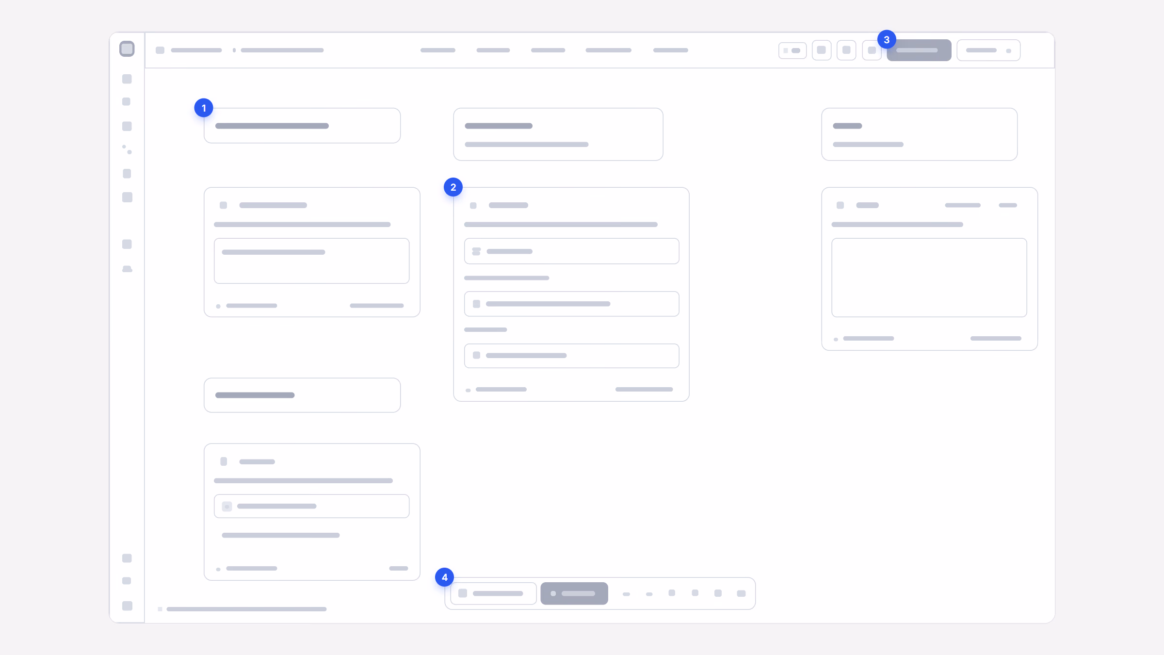 Wireframe do editor de workflows: nós de início e de etapa, o card do agente, a ação de executar e a barra de ferramentas do canvas, numerados