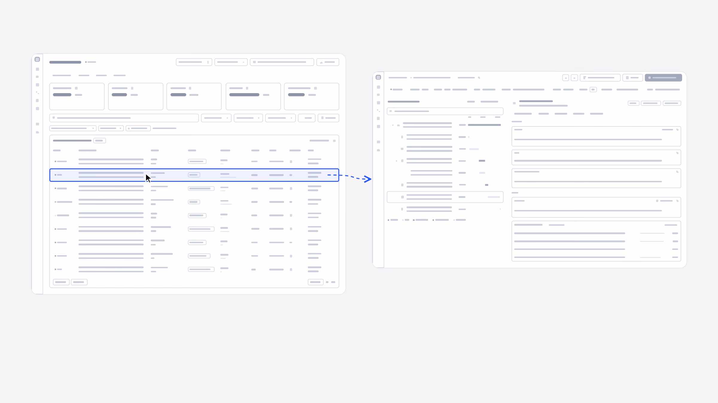 Fluxo em wireframe: um trace escolhido na lista de traces abre a sua árvore de execução e as suas entradas e saídas