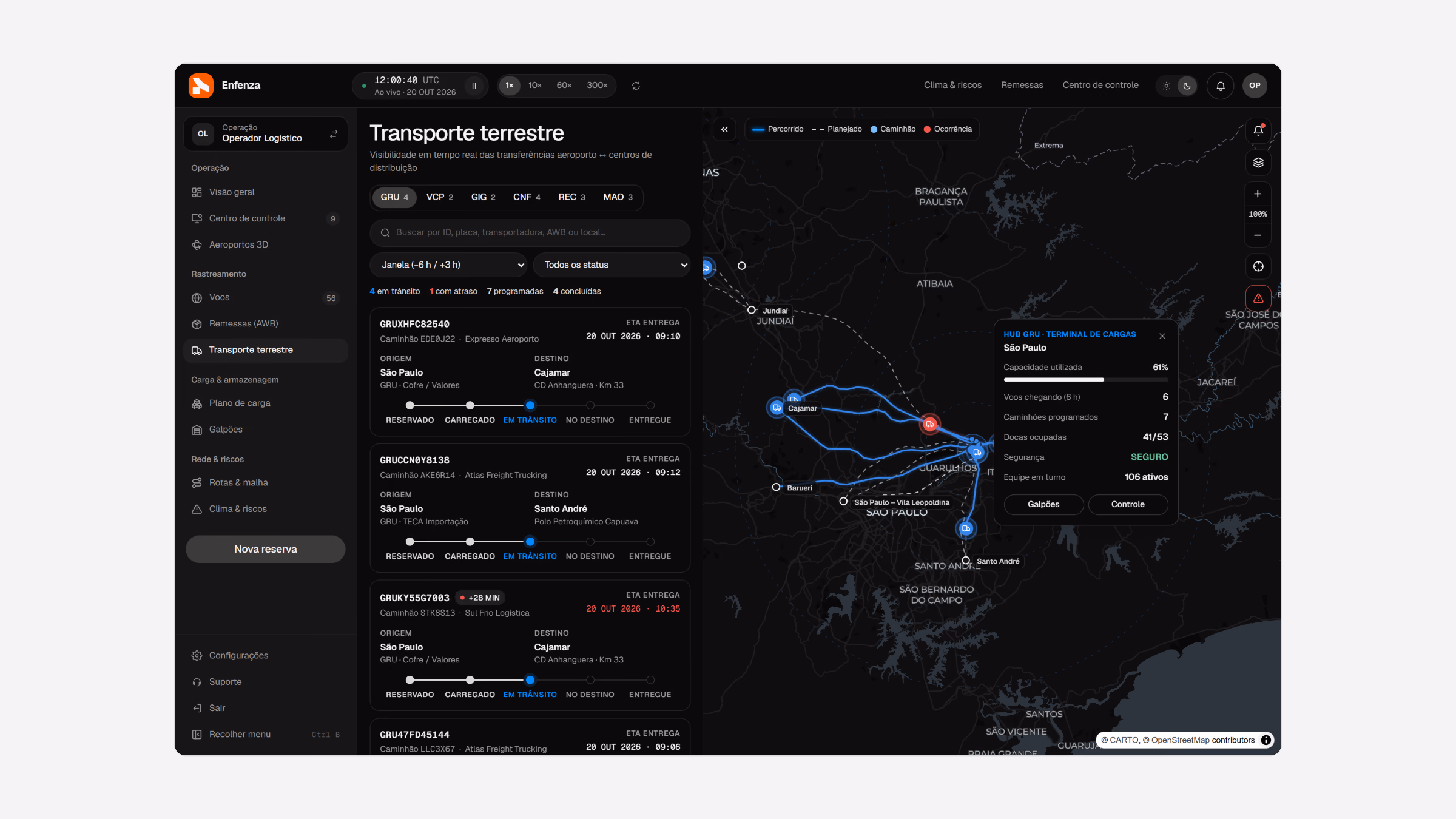 Transporte terrestre entre o aeroporto e os centros de distribuição em um mapa ao vivo