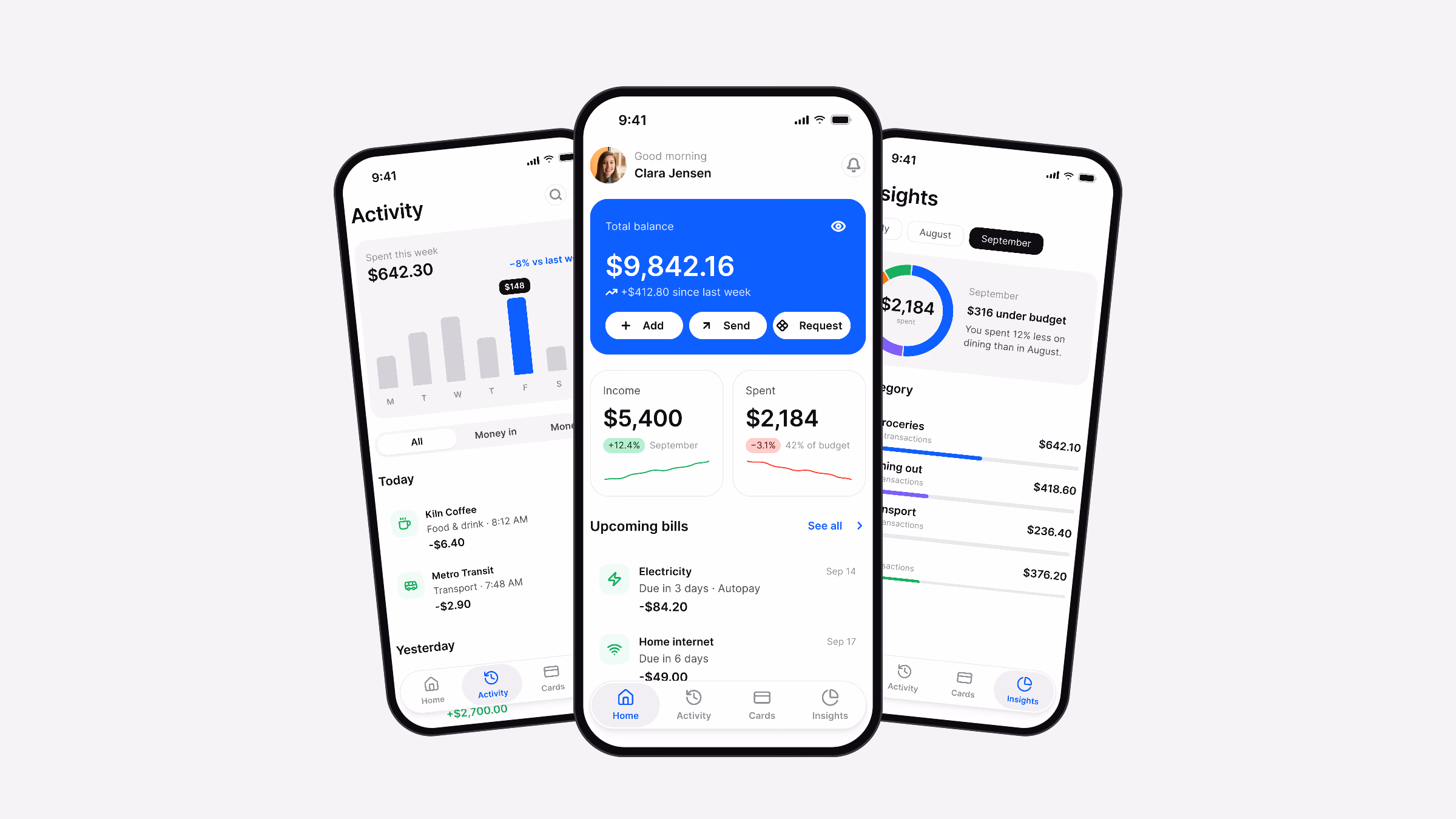 Três telas do Luna Finance: atividade, início e insights