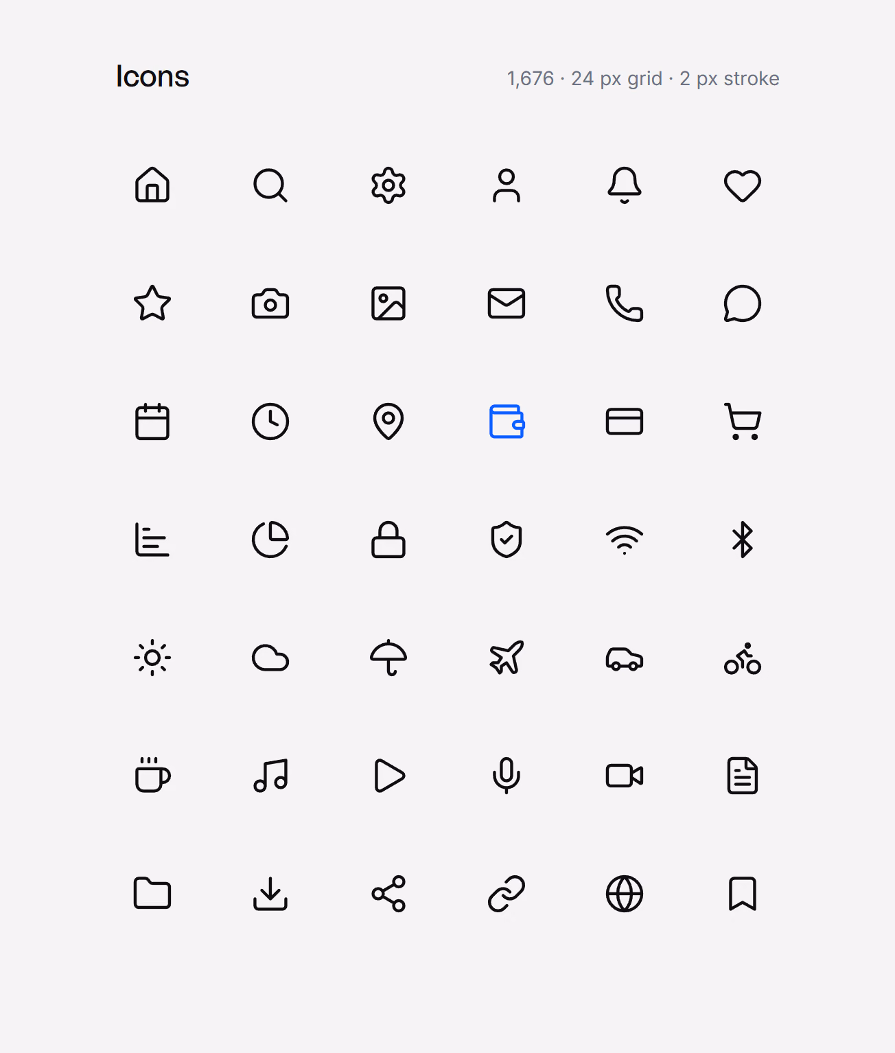 Uma seleção de ícones do Luna em um grid de 24 px com traço de 2 px