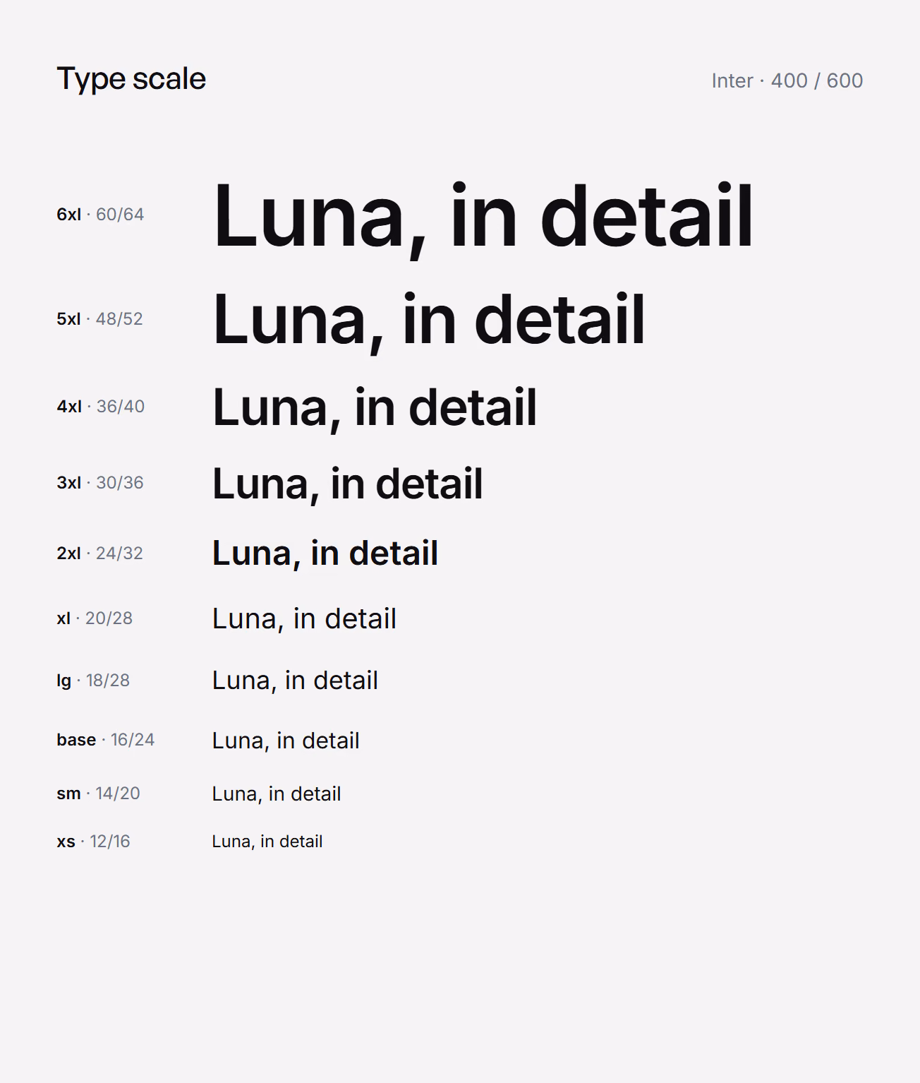 A escala tipográfica do Luna em Inter, de 6xl em 60/64 a xs em 12/16