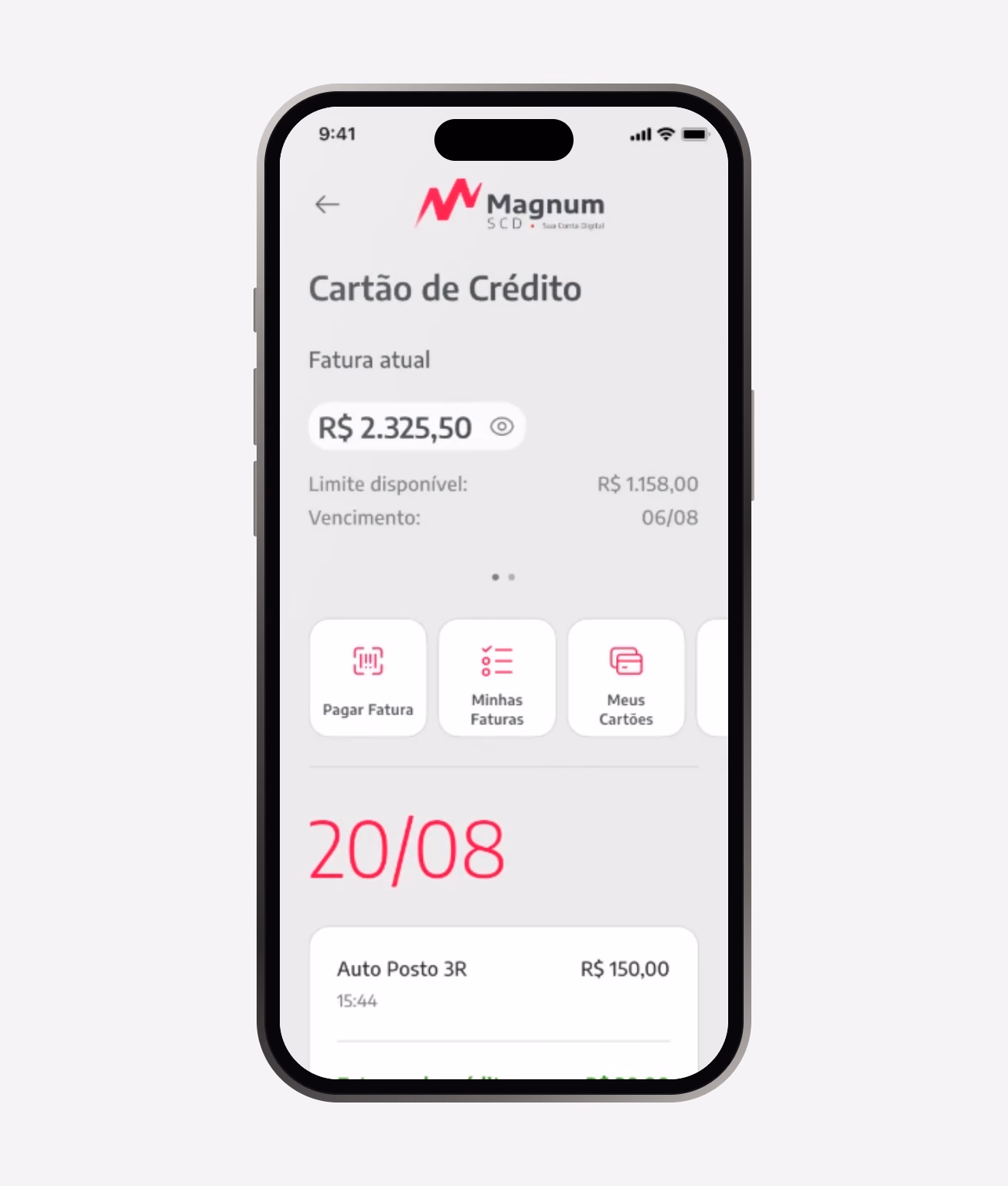 O cartão de crédito: fatura atual, limite e transações por dia