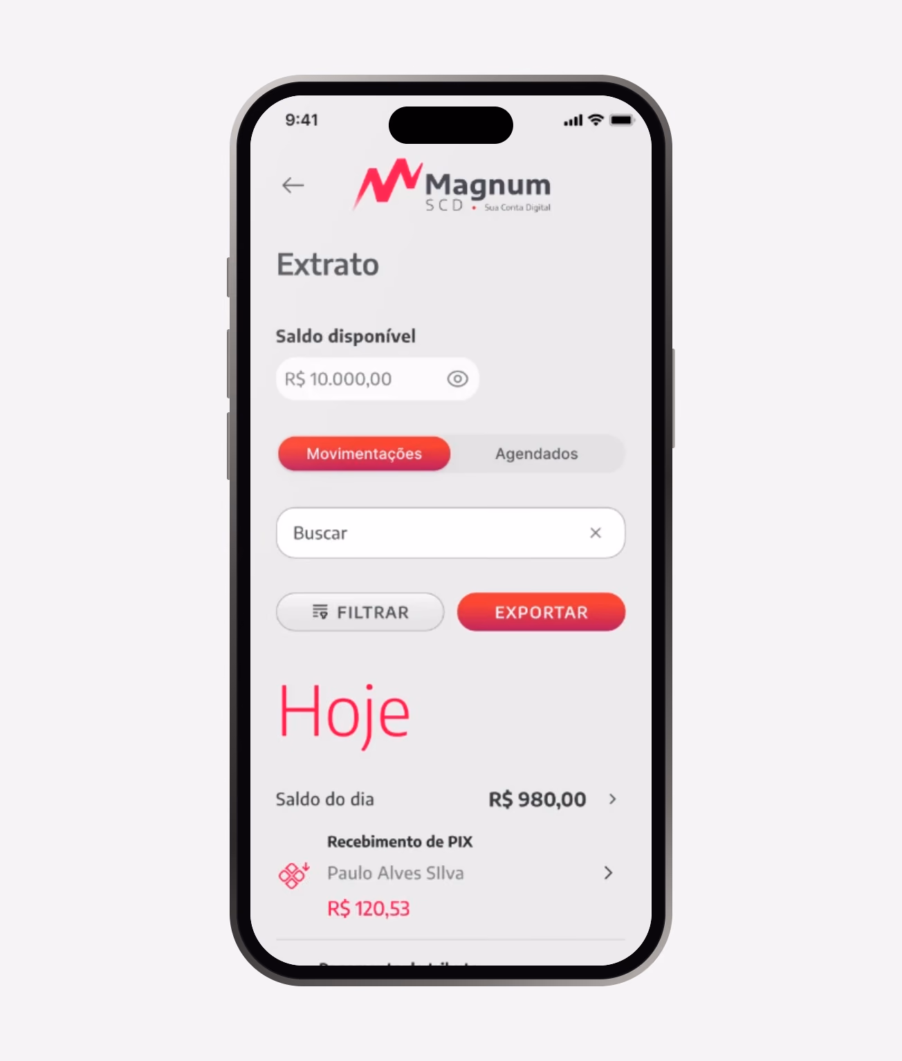Extrato: saldo, movimentações e pagamentos agendados por dia