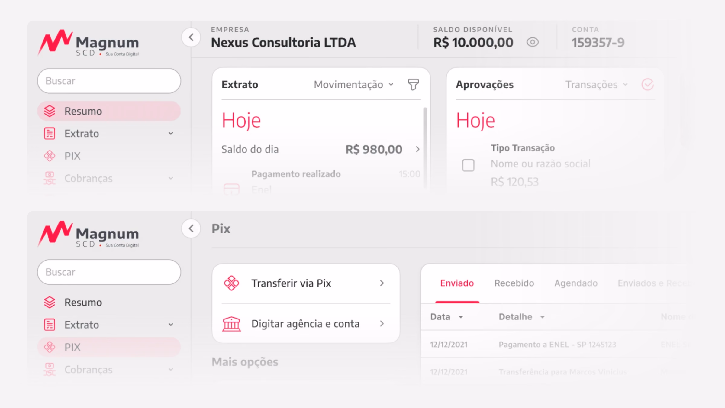 Internet banking para empresas: o topo do resumo e da área de Pix
