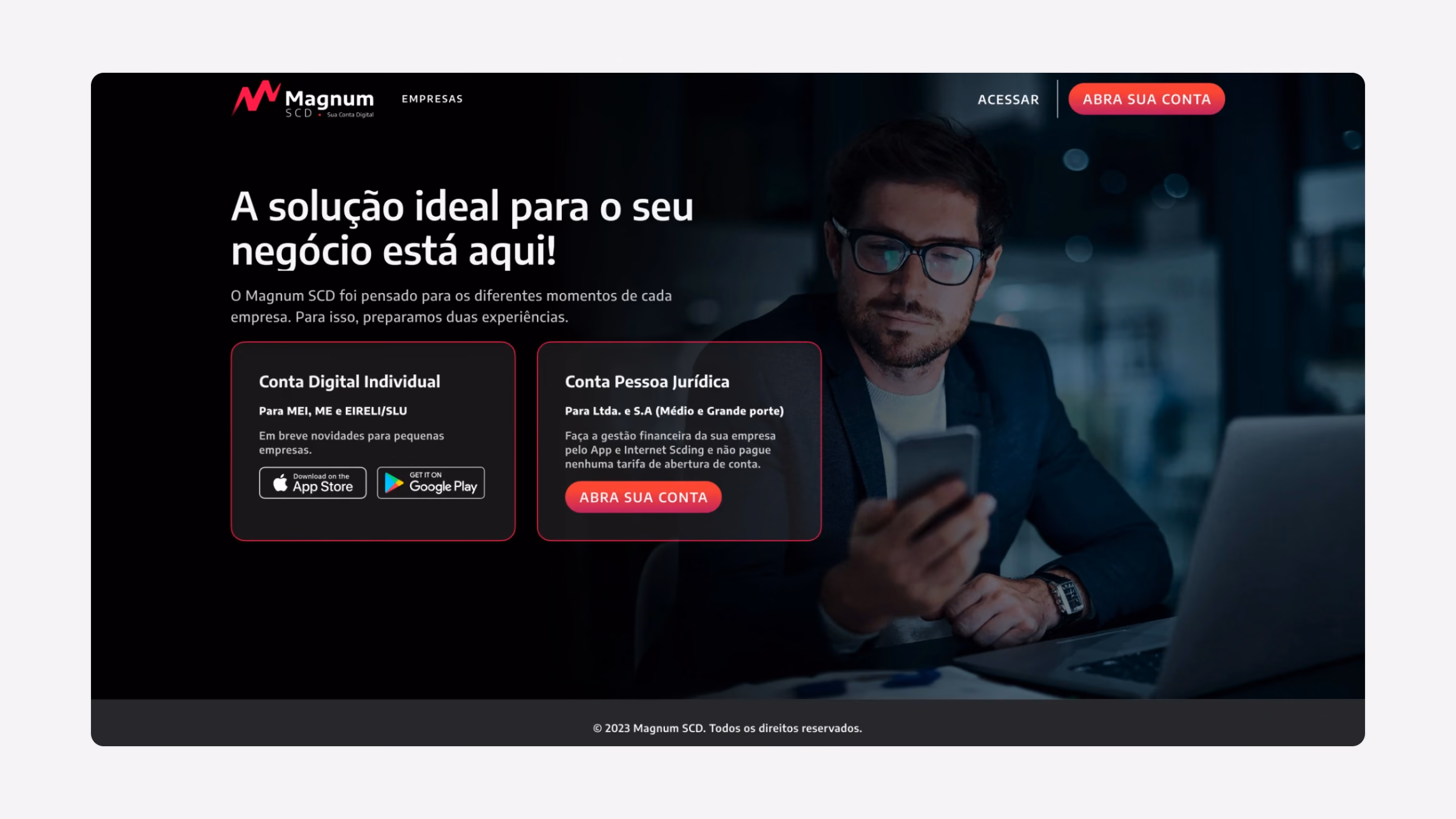 A landing page empresarial do Magnum SCD: contas para pessoa física e jurídica