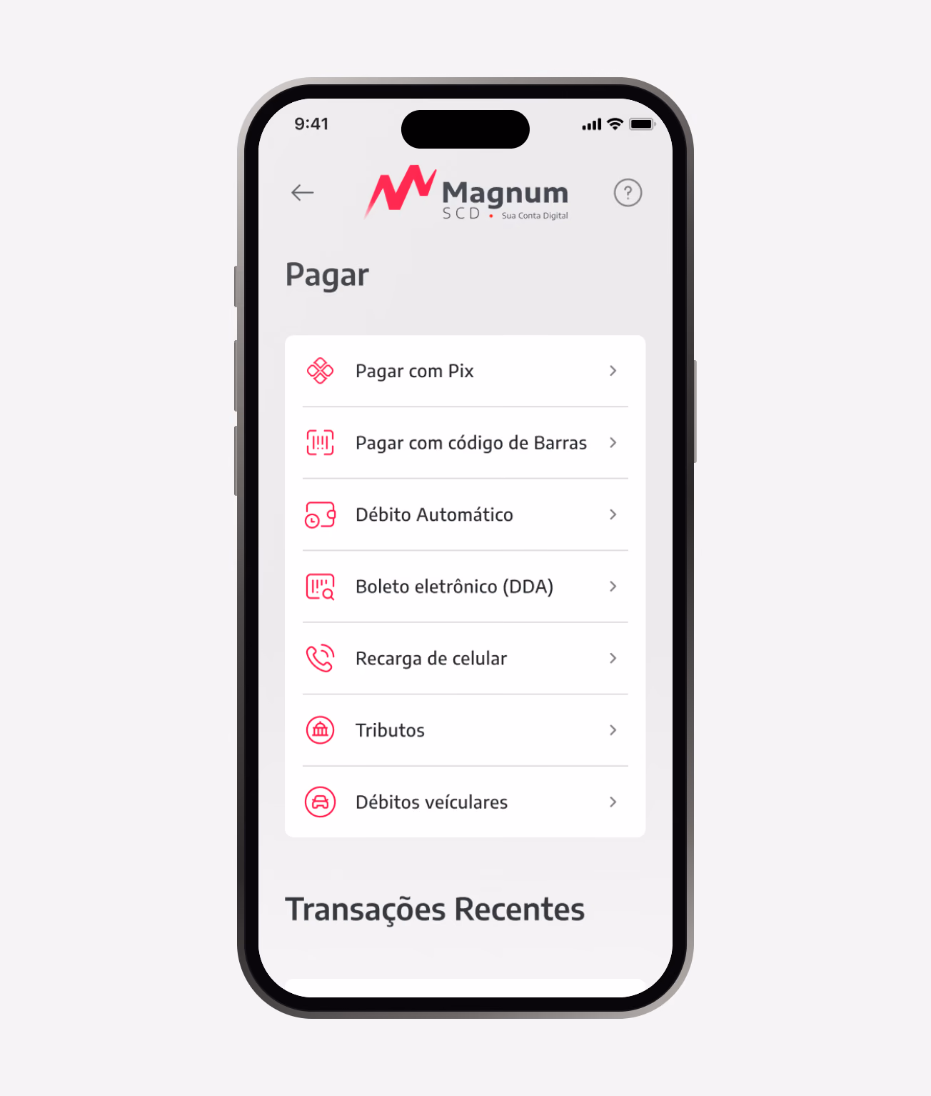 Pagar: Pix, boleto, débito automático, DDA, recarga, impostos e taxas de veículo
