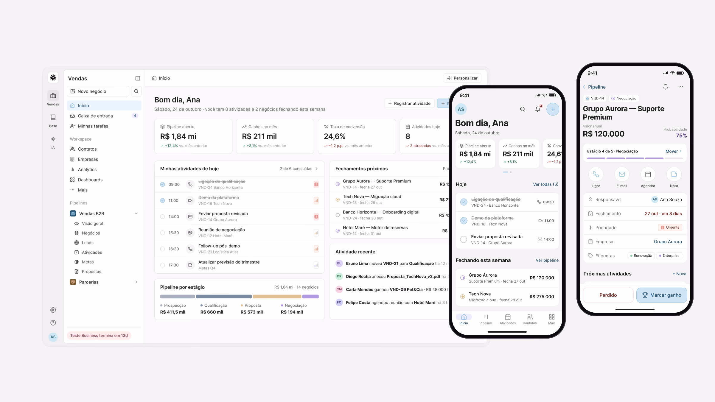 PipeDesk on the web and on the phone: the home screen with today’s activities, and a deal in negotiation