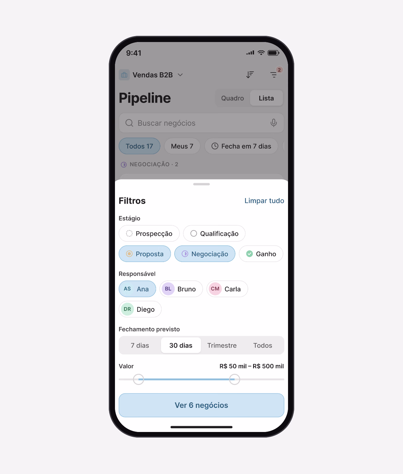 Pipeline filters by stage, owner, close date and value