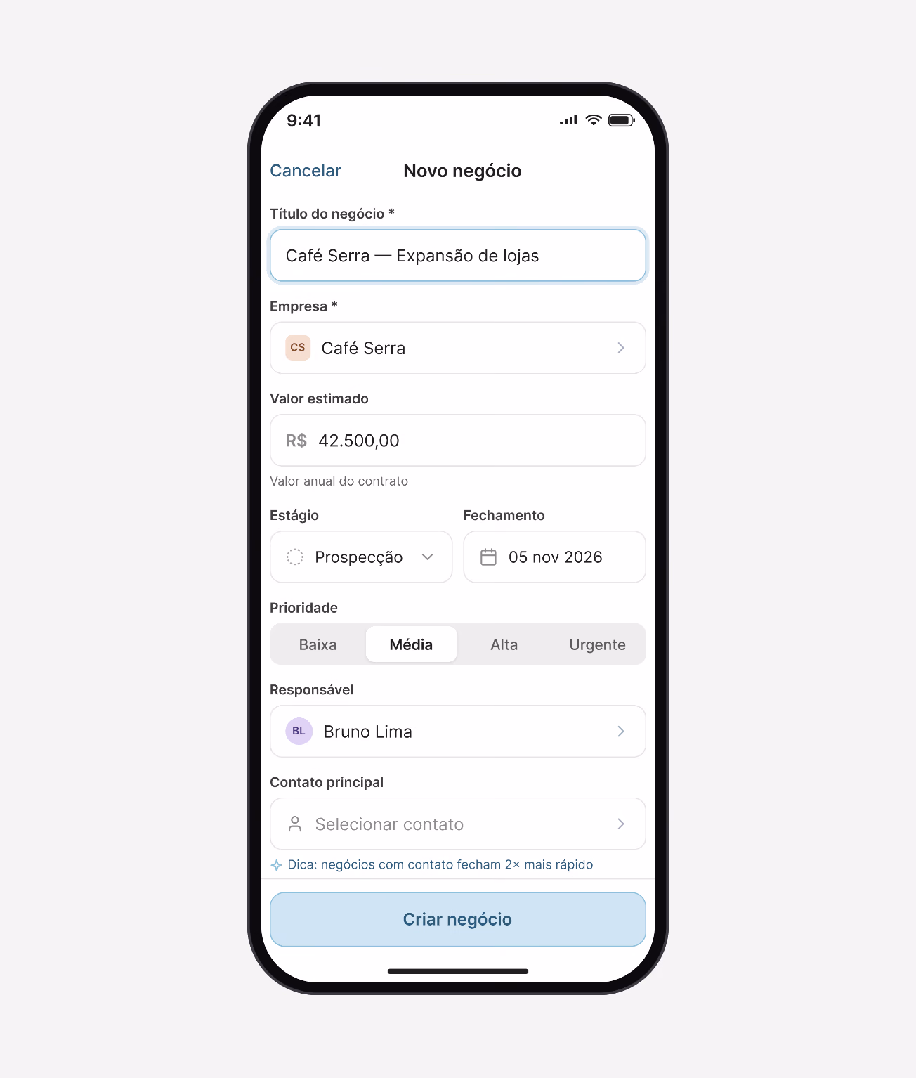 Creating a deal on the phone with company, value, stage and priority