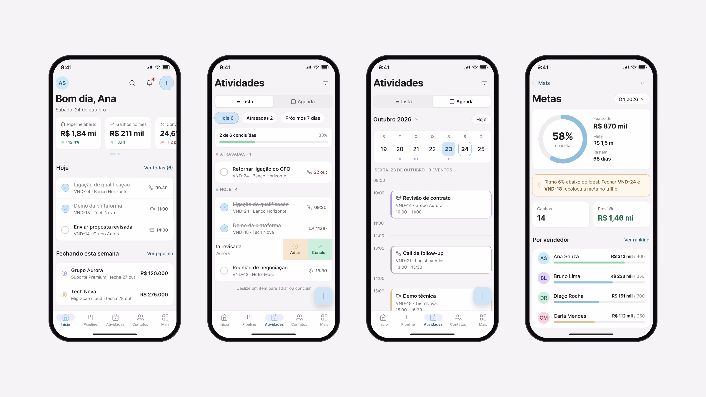Four phone screens: home, activities, the agenda and the team goals