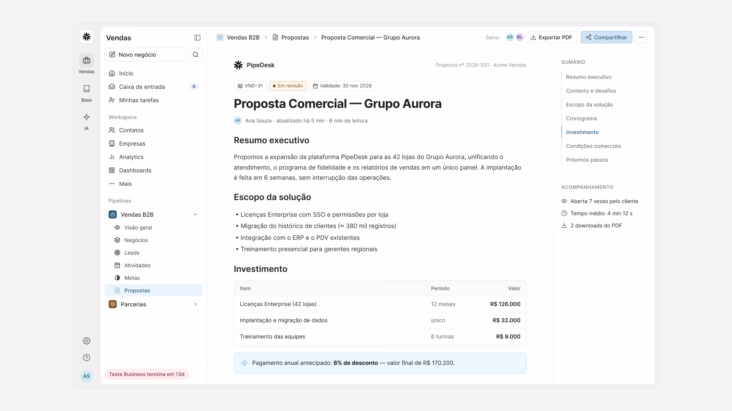 A commercial proposal generated from the deal, with scope and investment
