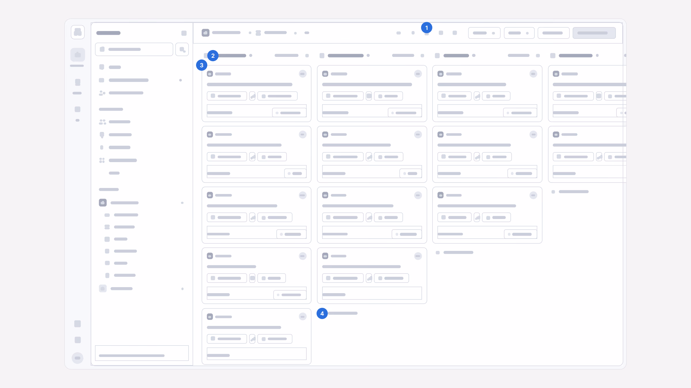 Wireframe of the pipeline board: view switcher, stage headers, deal cards and the add action, numbered