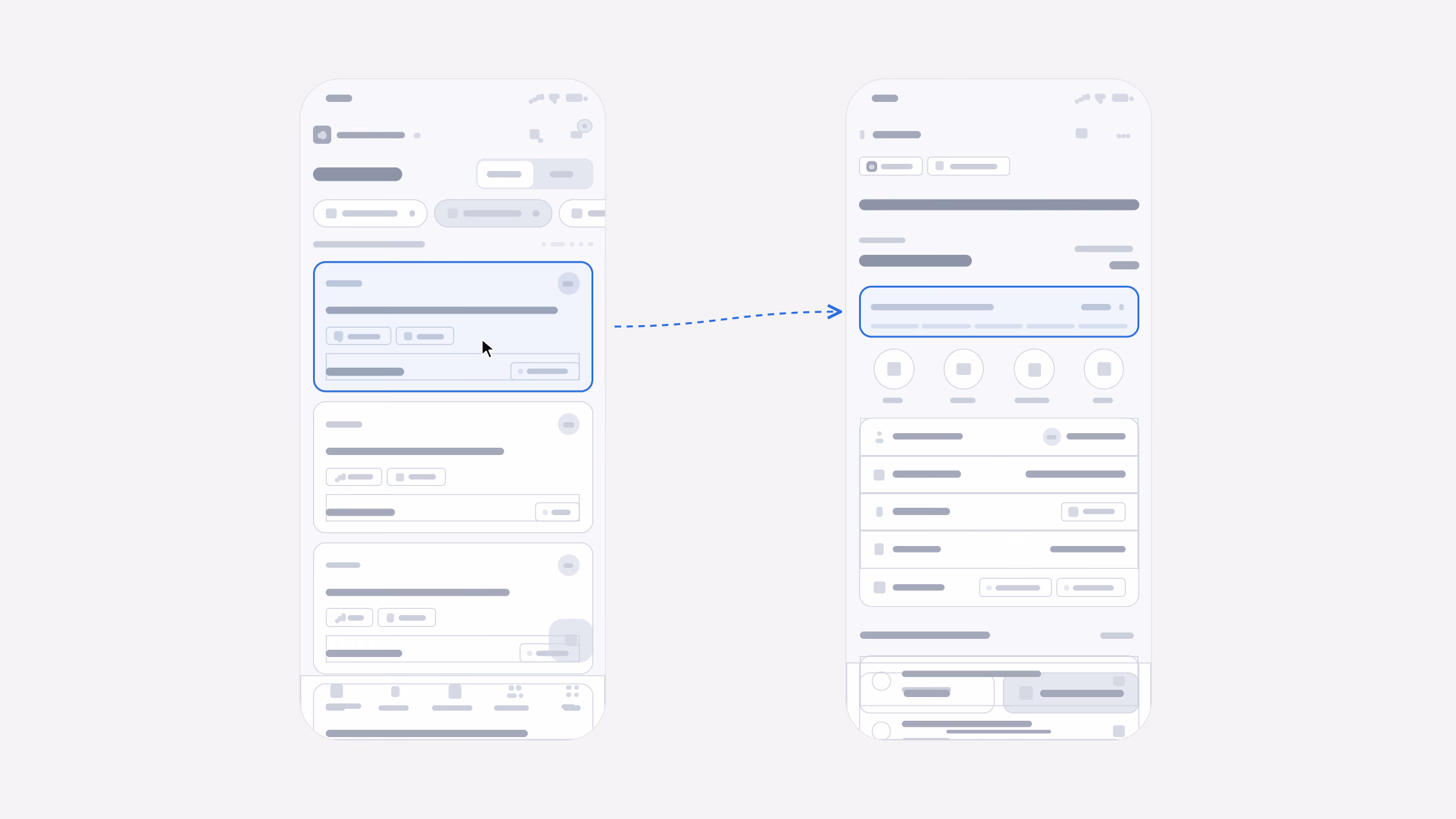 Mobile wireframe flow: a deal card tapped on the board opens the deal, where the stage moves with one tap