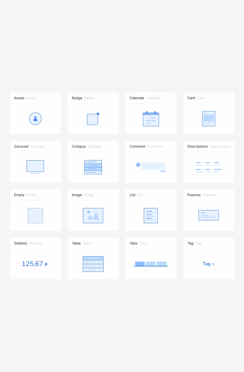 Design system component library: avatar, badge, calendar, card, table, tabs and more
