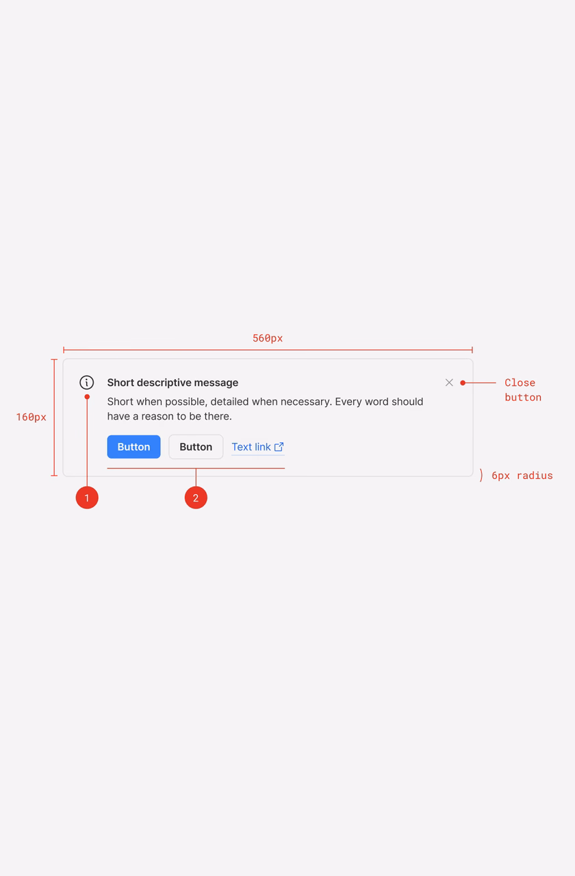 Annotated component spec: notification banner with sizes, radius and anatomy callouts
